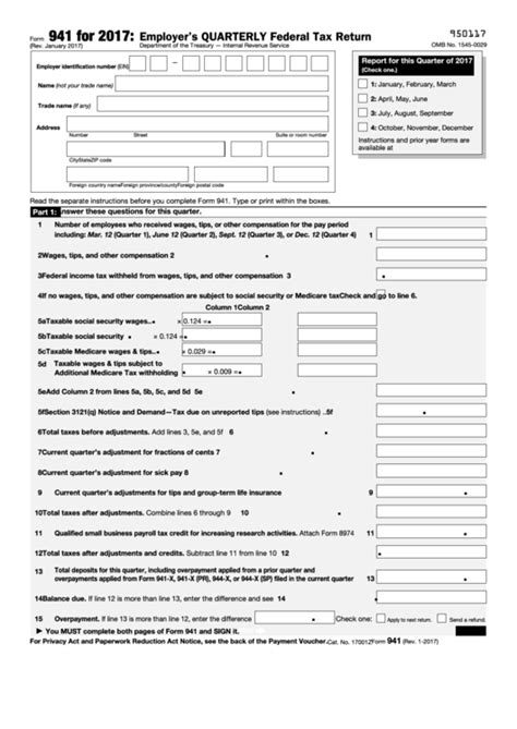 Fillable Form 941 - Employer'S Quarterly Federal Tax Return, Form 941-V - Payment Voucher - 2017 ...