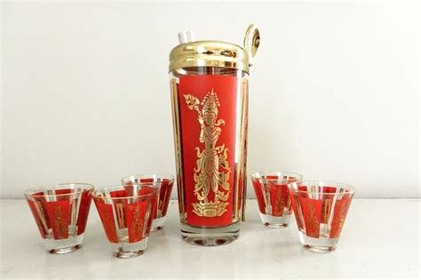 Vintage Cocktail Shaker Set Barware Glass Set Poppy Red Gold