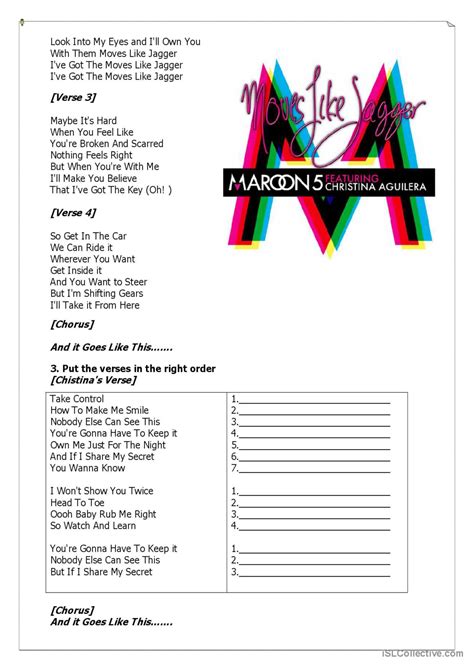 "MOVES LIKE JAGGER" song and nursery…: English ESL worksheets pdf & doc