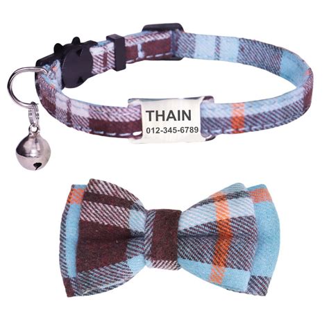 Personalized Cat Collars with Name Tag Kitten Collar with Bell and Bow Tie plaid | eBay