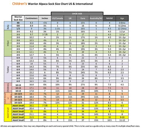 Warrior Alpaca Sock Size Chart - U.S. and International