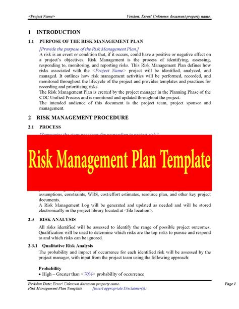 Risk Management Plan Template - Free Download