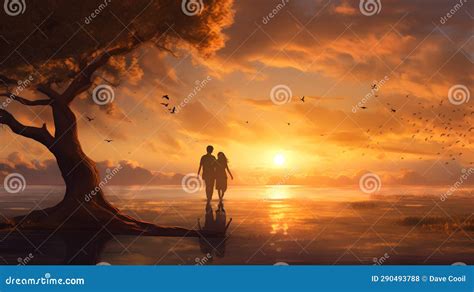 Romantic Sunset Embrace stock illustration. Illustration of digital - 290493788