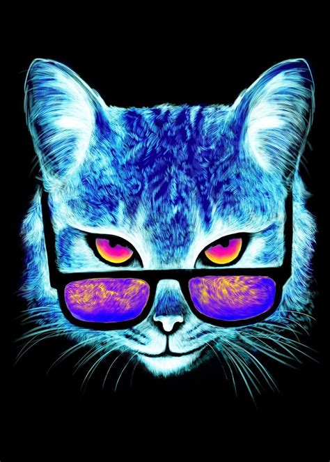 Neon Cat with Sunglasses Poster | Etsy