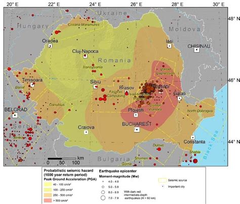 Map of Romania, showing earthquakes with Mw ≥ 4 and seismic sources ...