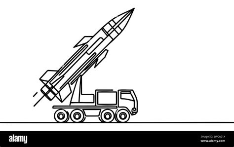 Mobile launch rocket system, Missile vehicle. ballistic missile launcher. One line drawing for ...