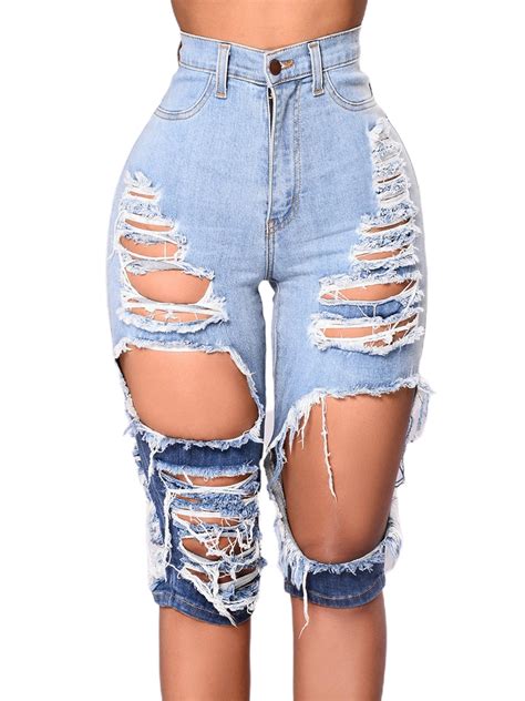 Female Ripped Jeans, Fashionable High Waist Jeans Close-Fitting Pants for Women, S/M/L/XL/XXL ...