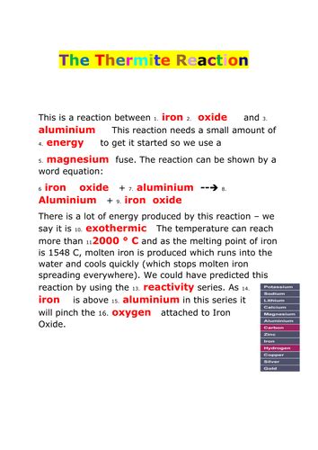 Thermite Reaction - Reactivity Series | Teaching Resources