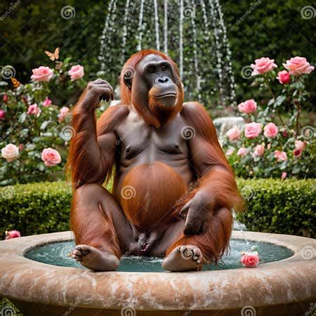 A Bald Orangutan Relaxes in a Beautiful Rose Garden with Blooming Roses ...