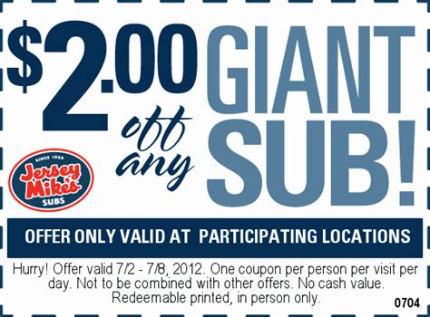 $2 bucks off your giant sub at Jersey Mikes | Printable coupons, Coupons, Restaurant coupons