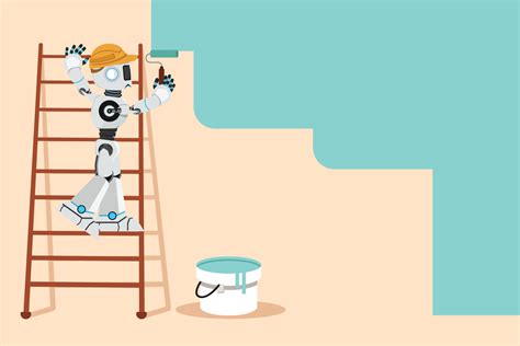 Business flat cartoon style drawing robot painter standing on ladder ...