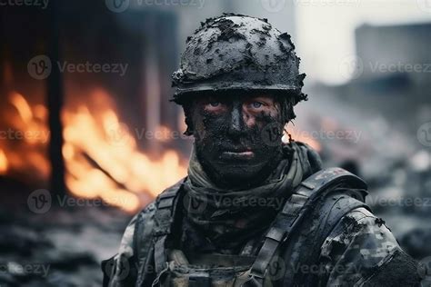 Portrait of wounded soldier with his face in the mud, against city on fire in war. . 23620072 ...