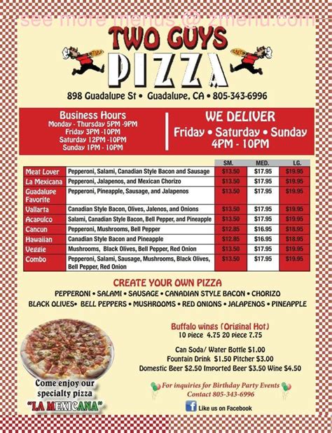 Menu at Two Guys Pizza pizzeria, Guadalupe