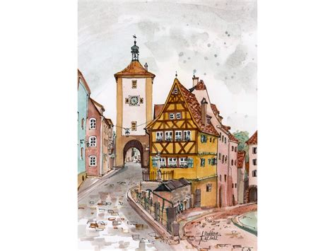 Rothenburg Poster German Old City Art Print From Original Watercolor Painting Anamustudio - Etsy