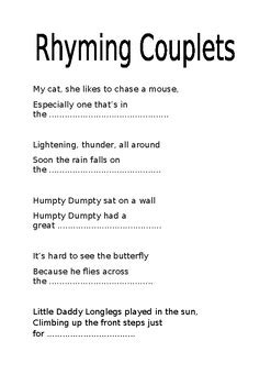 Rhyming Couplet Sheet by Mr K's Teaching Resources | TPT