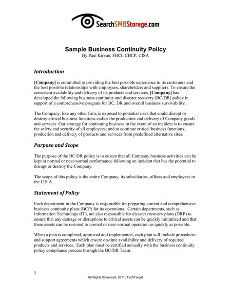 Business Continuity Management Policy Template – PARAHYENA