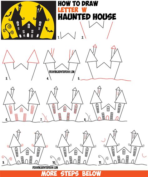 How to Draw a Cartoon Haunted House Step by Step in Silhouette with Bats (from the Letter W ...