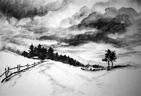 Japanese ink painting Suibokuga Sumi-e Japanese art Landscape