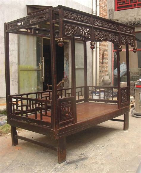 Chinese Canopy Bed, Antique and restored Elmwood with carving and ...