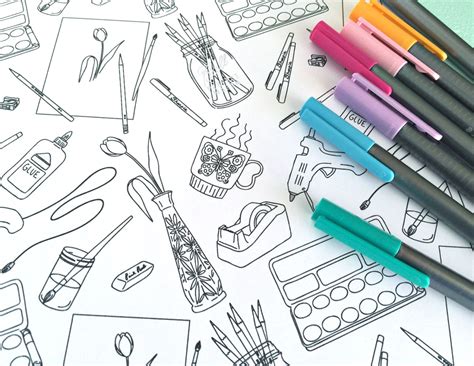 Printable ART SUPPLIES Coloring Page Digital File Instant