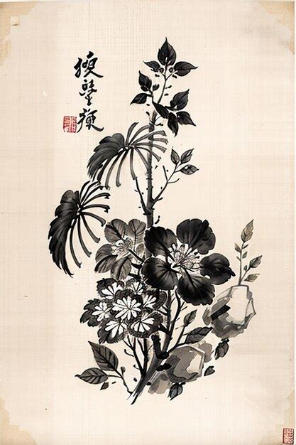 Premium AI Image | Chinese Watercolor Ink Style Ancient Flower Painting ...