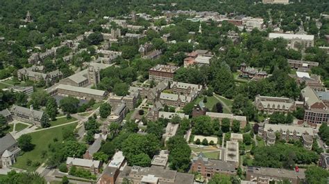 4.8K stock footage aerial video flying by buildings at the Princeton University campus, New ...