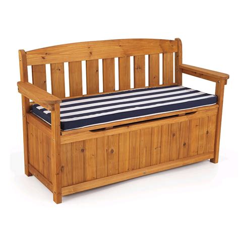 The KidKraft Outdoor Storage Bench with Navy Stripe Cushion provides families with a convenient ...