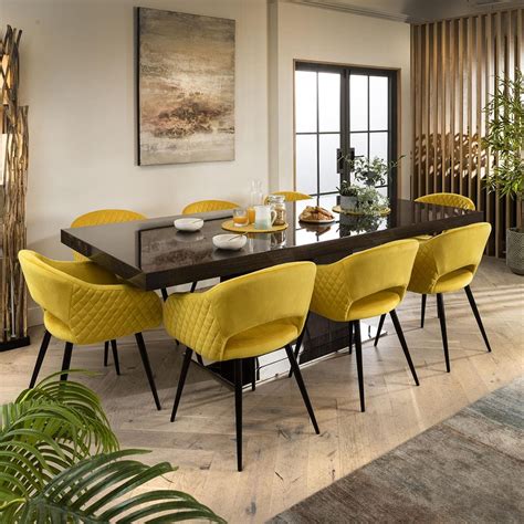 Modern 8 Seater Dining Table Chairs Set Gloss Oak Yellow Velvet 240cm – Quatropi