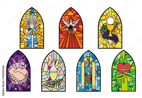 Symbols of the seven sacraments of the Catholic Church on stained glass ...