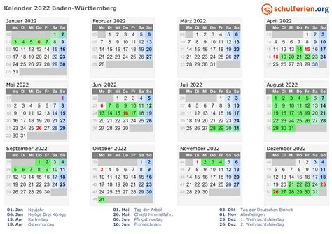 Kalender 2022 + Ferien Baden-Württemberg, Feiertage