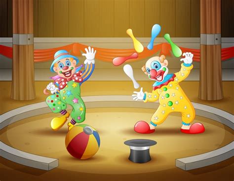 Premium Vector | Cartoon clown show and acrobat performance at the arena