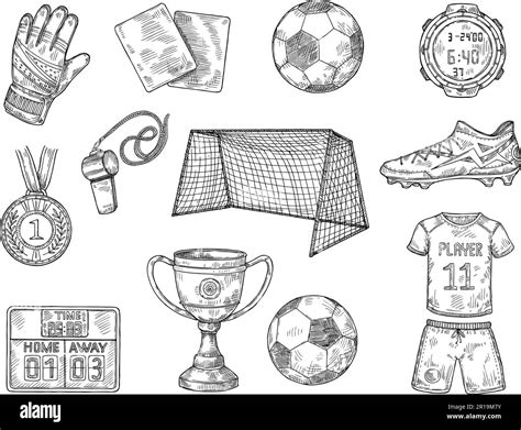 Sketch football elements. Hand drawn soccer ball, sports uniform, championship cup and soccer ...