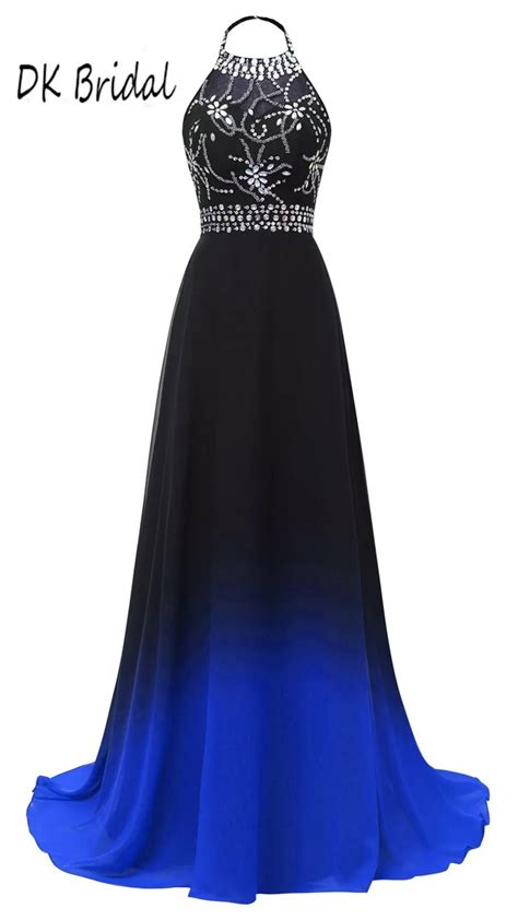 DK Bridal Halter Gradient Chiffon Bridesmaid Dresses Long Black blue ...