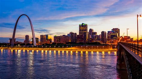 St Louis, Missouri Skyline and Gateway Arch at Night (logos removed ...