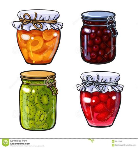 Apricot, Cherry, Strawberry And Kiwi Jam, Marmalade In Traditional Jars Stock Vector ...