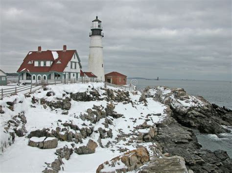 Portland Head Light in Winter Stock Image - Image of shoreline, somber ...