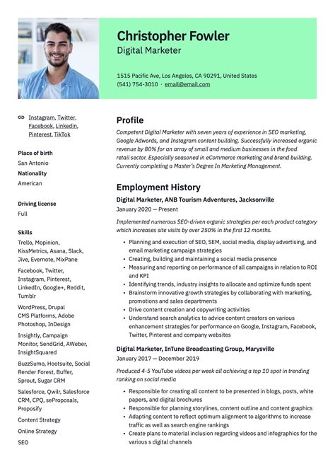 Digital Marketer Resume Example | Marketing resume, Downloadable resume template, Resume template