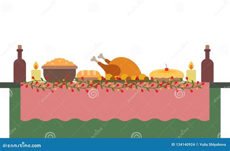 Vector Illustration of a Big Banquet Table with Drinks and Foods. Stock Vector - Illustration of ...