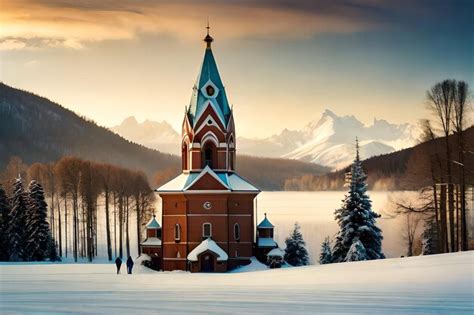 Premium AI Image | a church in the snow with a mountain background