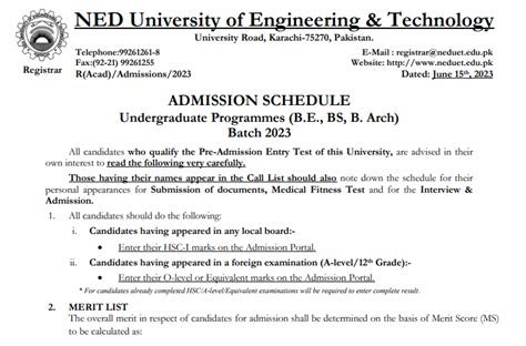 NED University Karachi Admission 2023 Undergraduate Form