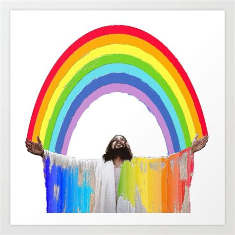 a man standing in front of a rainbow art print