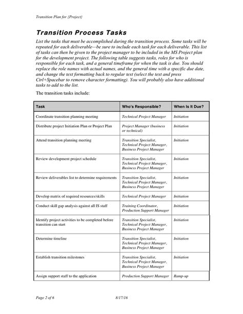 Project Transition Plan Template Word