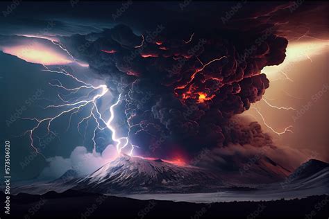 Volcanic explosion dark clouds thunder and lightning Stock Illustration | Adobe Stock