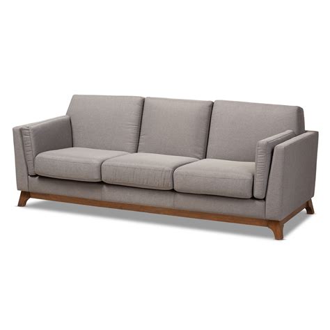 Baxton Studio Sava Mid-Century Modern Grey Fabric Upholstered Walnut Wood 3-Seater Sofa