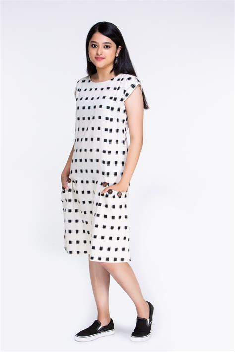 Ikat Dress online - White Ikat Dress with Buttons - LotusLane