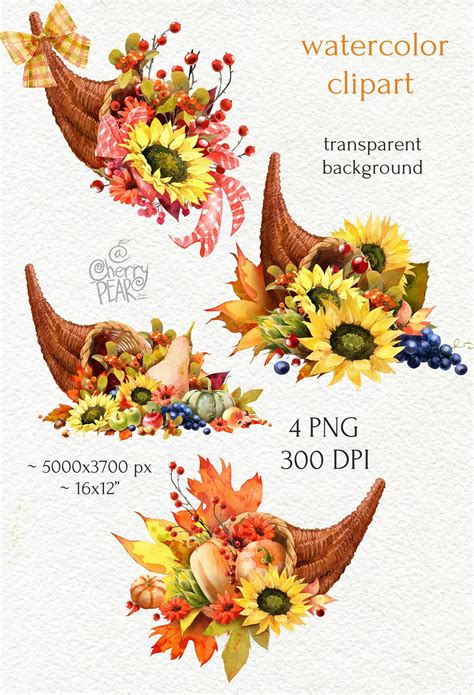 Watercolor Fall Cornucopia clipart. Autumn Harvest (1447373)