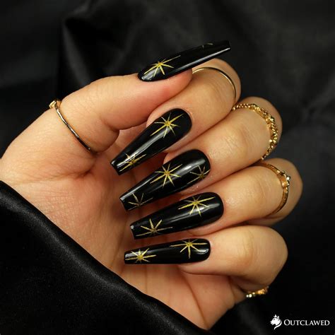 Black Nails Gold Nails Star Nails Night Sky Fake Nails Press on Nails Glue on Nails Gel Nails - Etsy