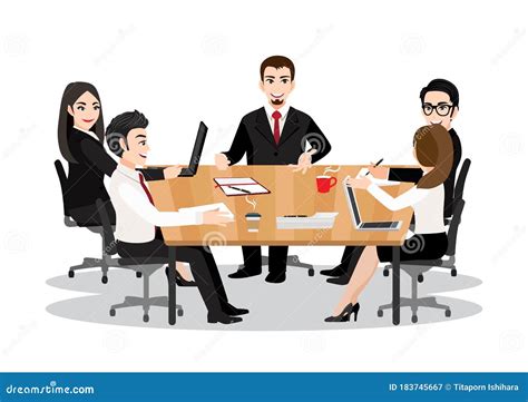 Cartoon Character with Business People Discussing Together in Conference Room during Meeting at ...