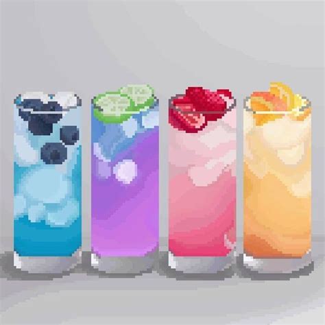 four different types of drinks are shown in this pixel art style photo ...