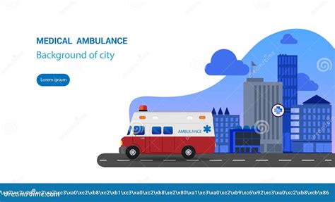 Ambulance Driving on Background of City Landscape. Medical Concept Flat Design. Vector ...